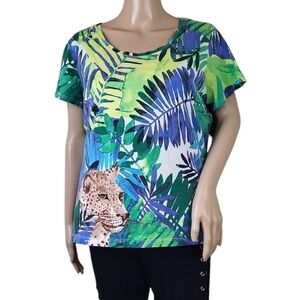 Chico’s  Leopard & Blue Green Tropical Floral Print Short Sleeve Tee